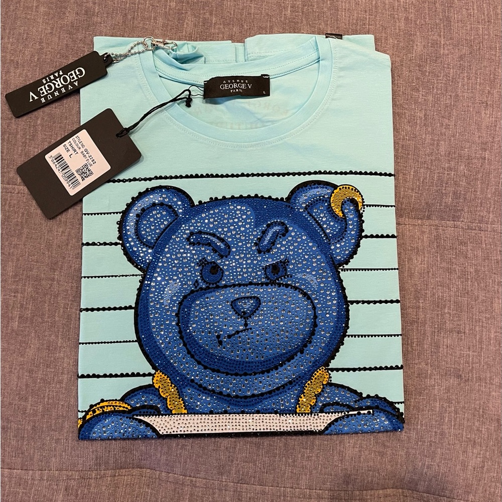 Avenue George V Paris T-shirt Teddy bear rhinestone Men’s Luxury Blue Shirt NWT - Picture 7 of 7